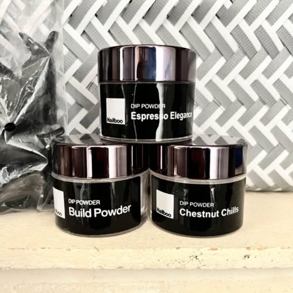 Nailboo dip powder: Full size Espresso Elegance, Chestnut Chills & Build powder